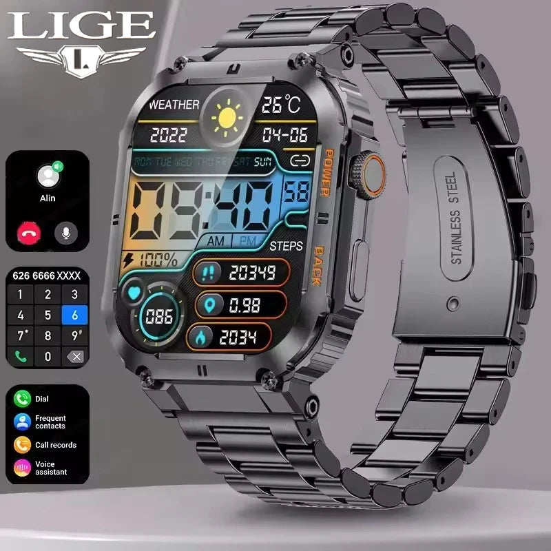 LIGE Outdoor Sports Fitness Smartwatch for Men 1.96 Inch Screen Bluetooth Calling Waterproof Watches Blood Oxygen 