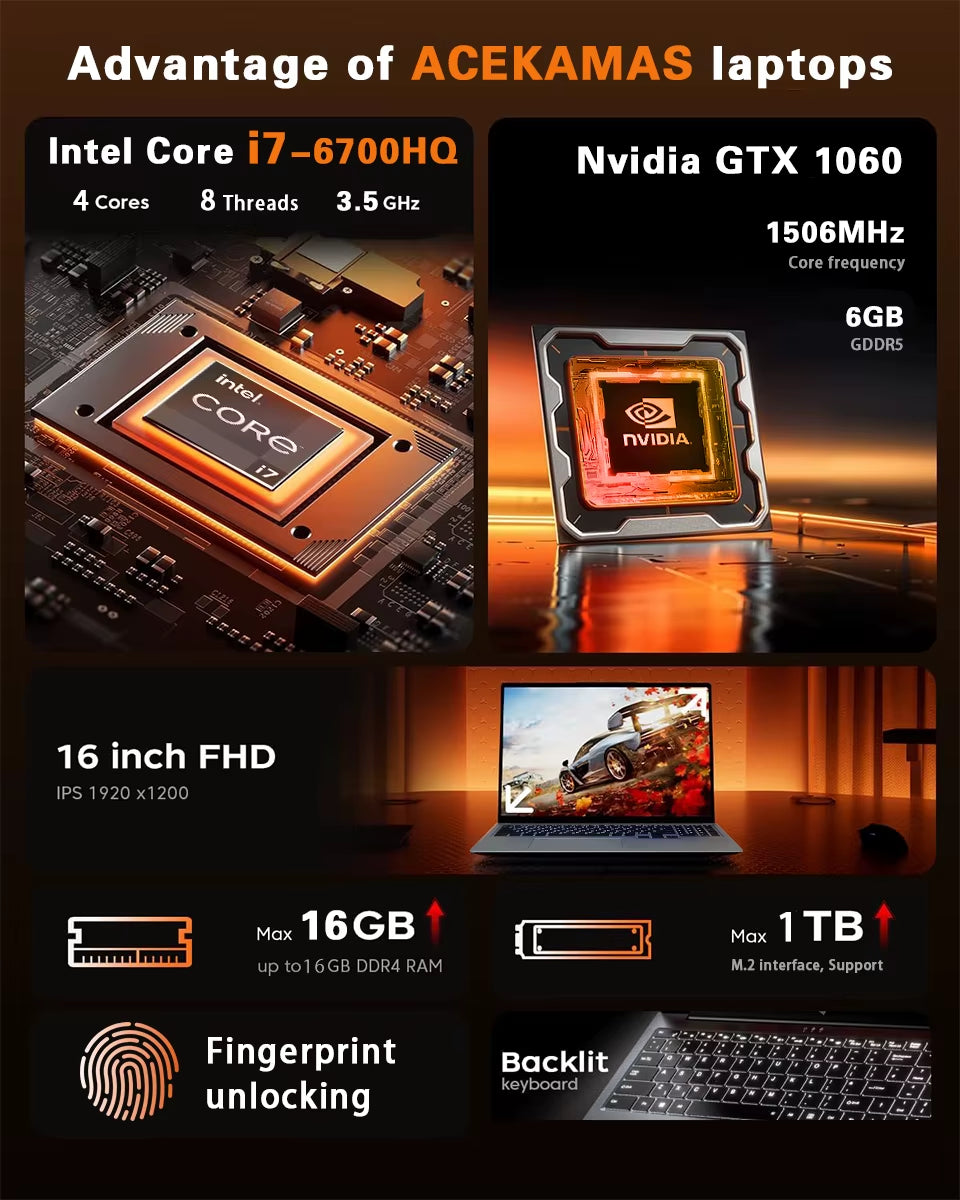 ACEKAMAS 16" Laptop Gaming Intel Core I7-6700Hq GTX 1060 IPS Windows 11 Pro Laptops Computer 16GB DDR4 1TB SSD Notebook Gamer PC
