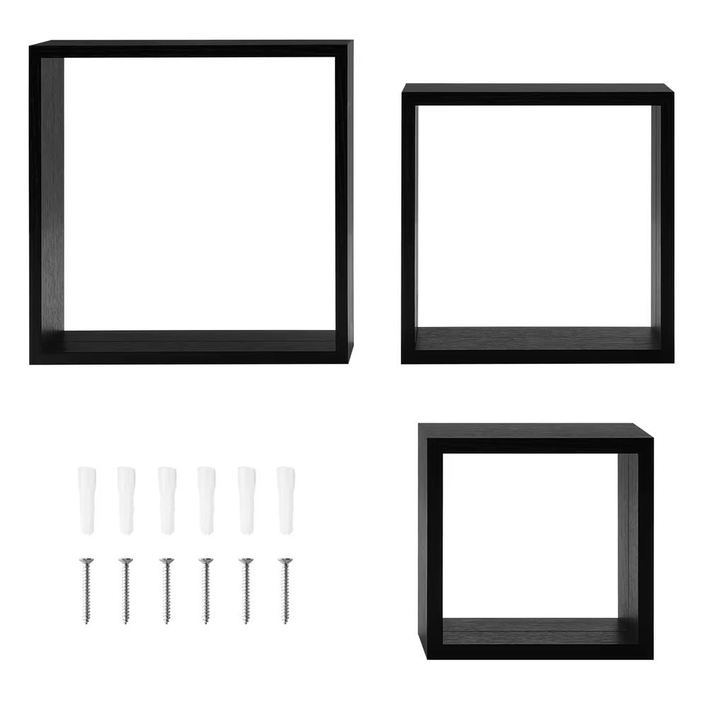 Modern Black Wood Cube Shelf Set Stylish Floating Storage Easy Installation Home Office Décor 3 Piece Set Holds 5Lbs Each
