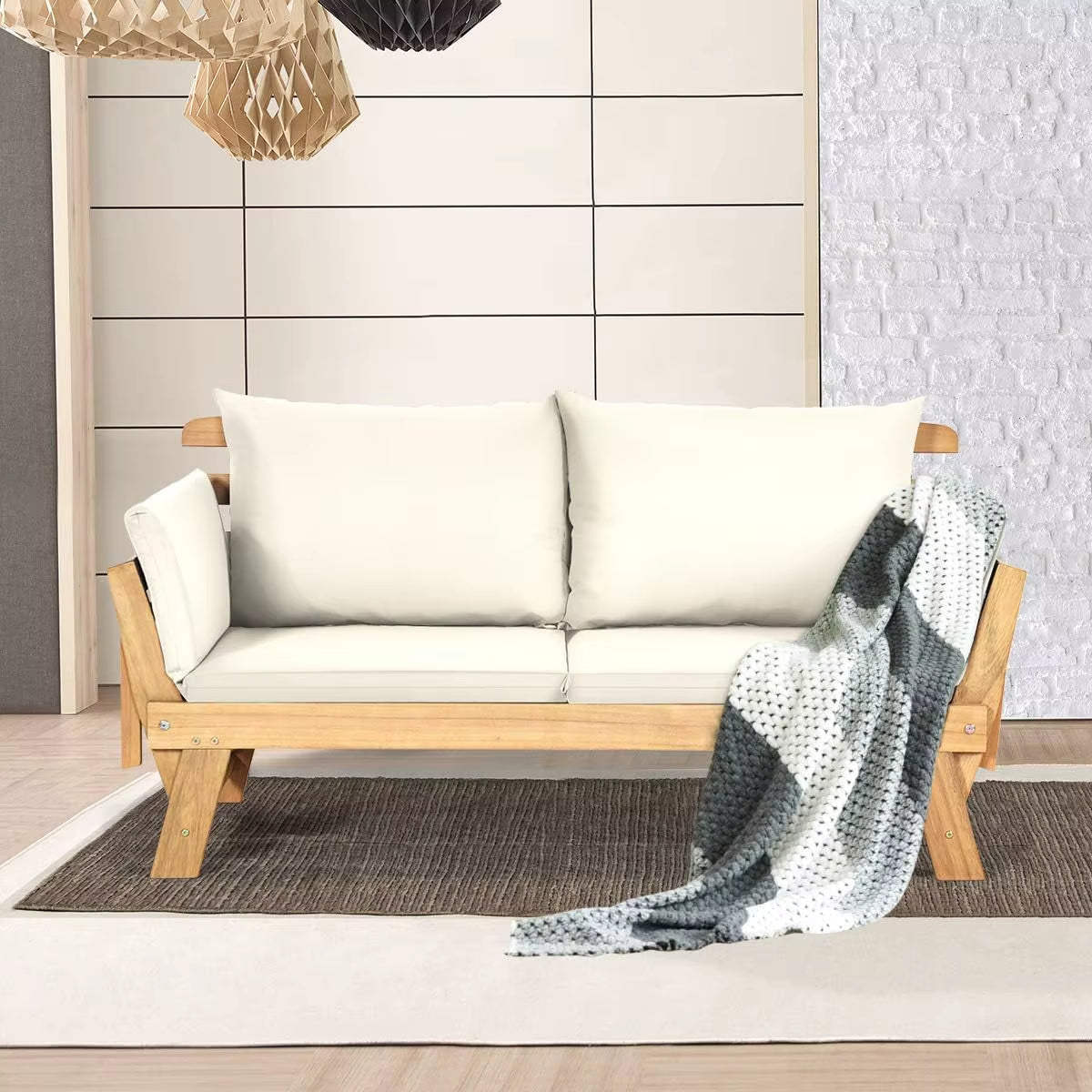 Convertible Acacia Wood Patio Couch Sofa Bed with Adjustable Armrest, Outdoor Daybed with Cushion & Pillows, outside Folding Fu