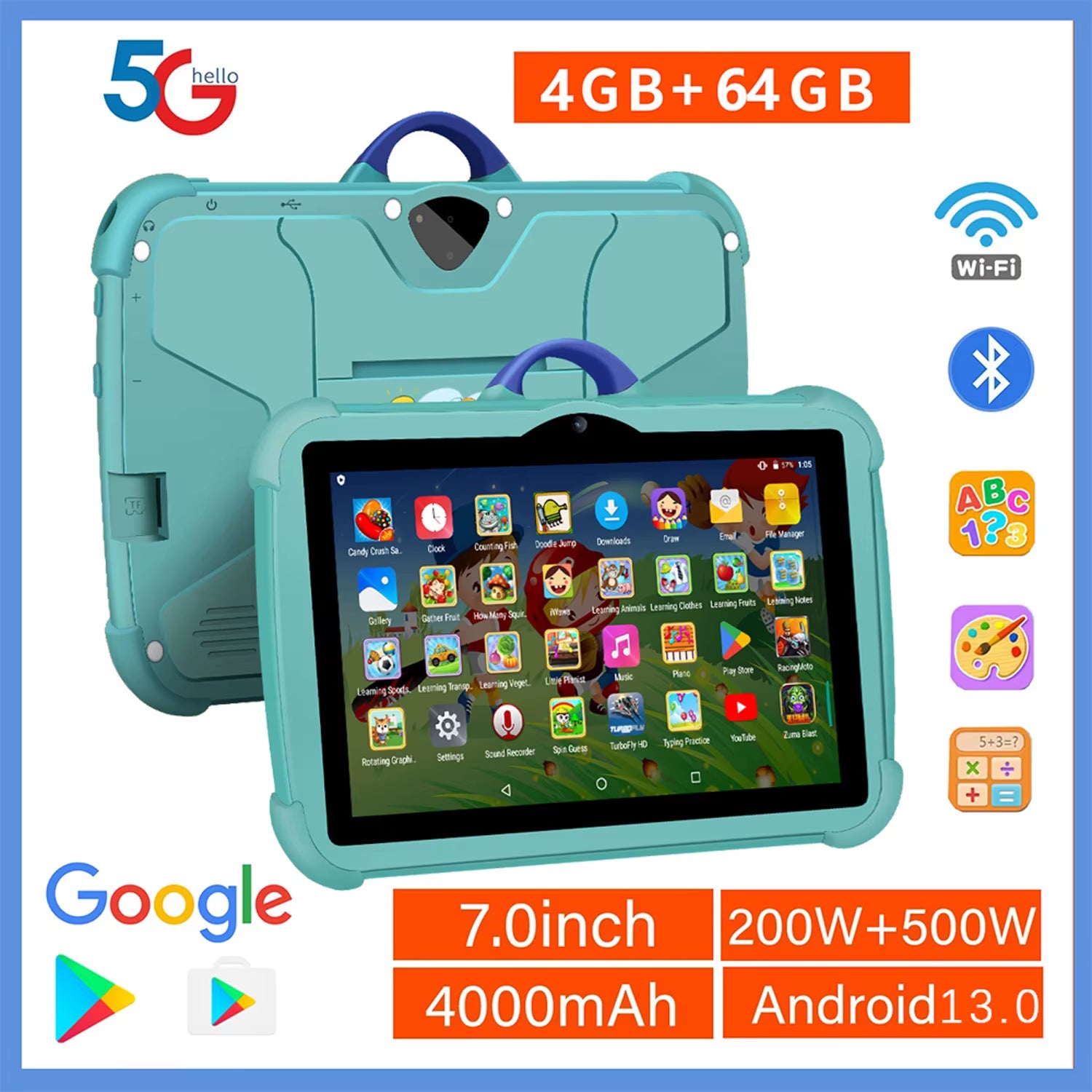 2025 New 7-Inch 5G Wi-Fi Tablet for Kids - Quad-Core, 4GB RAM, 64GB ROM, Google Education Version with Dual Cameras
