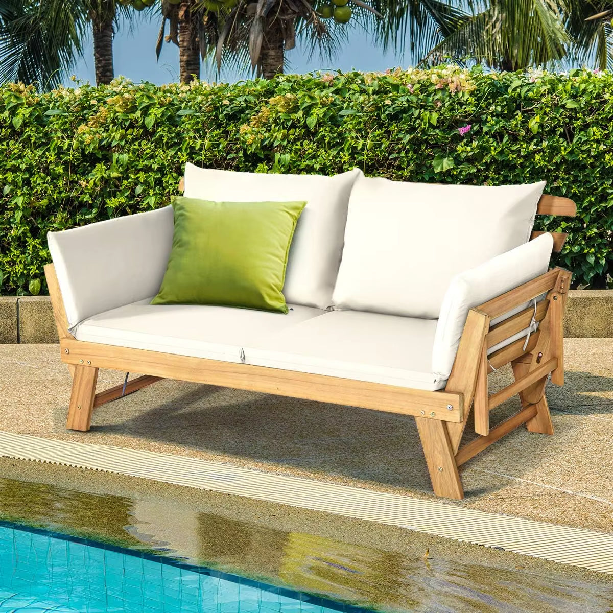 Convertible Acacia Wood Patio Couch Sofa Bed with Adjustable Armrest, Outdoor Daybed with Cushion & Pillows, outside Folding Fu