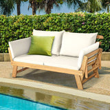 Convertible Acacia Wood Patio Couch Sofa Bed with Adjustable Armrest, Outdoor Daybed with Cushion & Pillows, outside Folding Fu