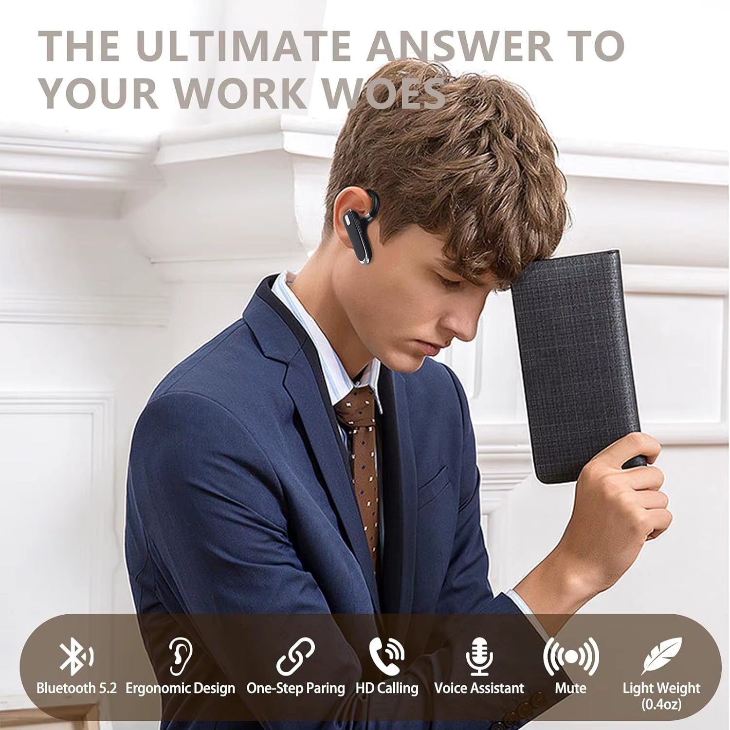Bluetooth Headset Wireless Hands-Free Phone with Mic Hands-Free Earphones with 8 Hours Talk Time for Trucker Sports Riding