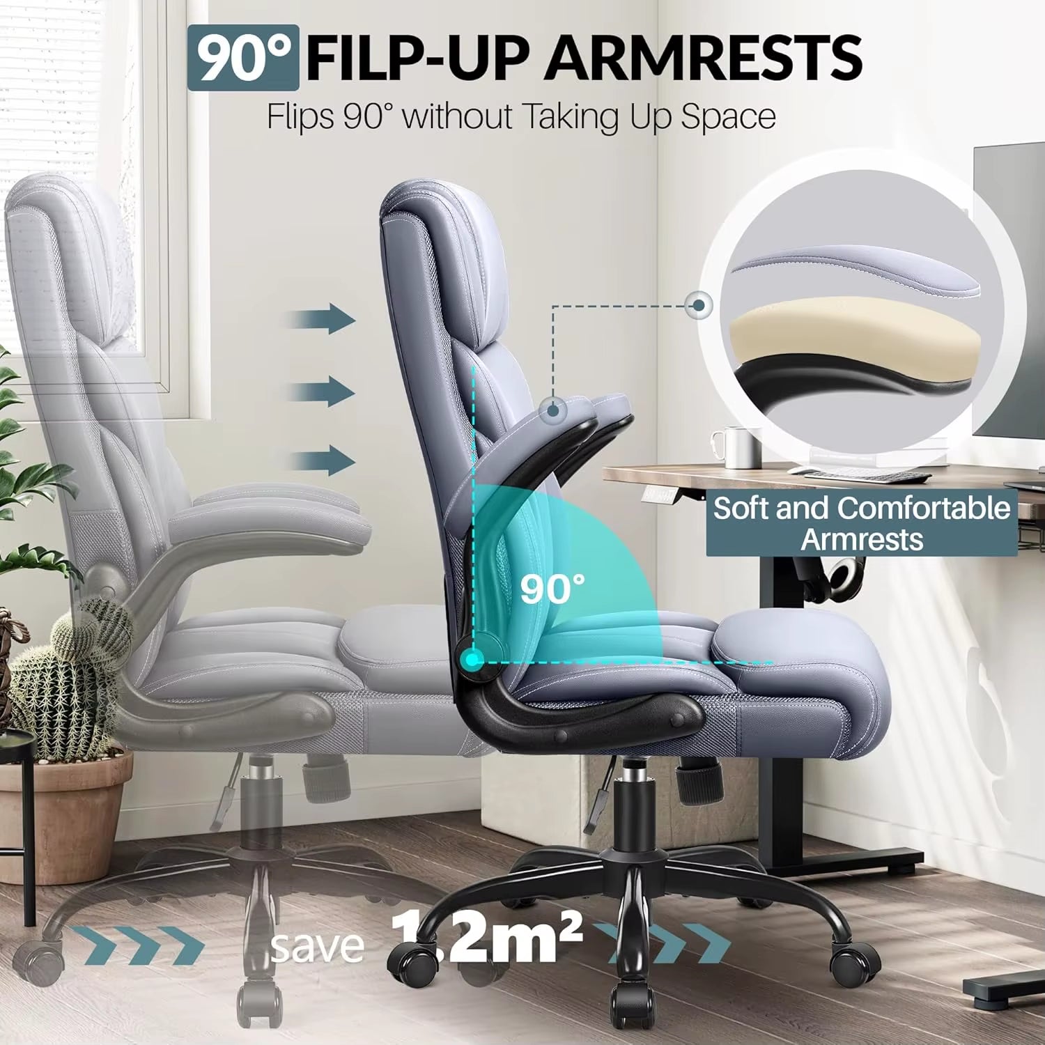 Ergonomic Leather Office Chair with Adjustable High Back and Flip-Up Armrests for Big and Tall Users, Customizable Lumbar Support