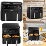 8.5QT 6-In-1 Dual Basket Air Fryer, 1800W Power for Roasting, Baking, Dehydrating, Defrosting, and Reheating Meals