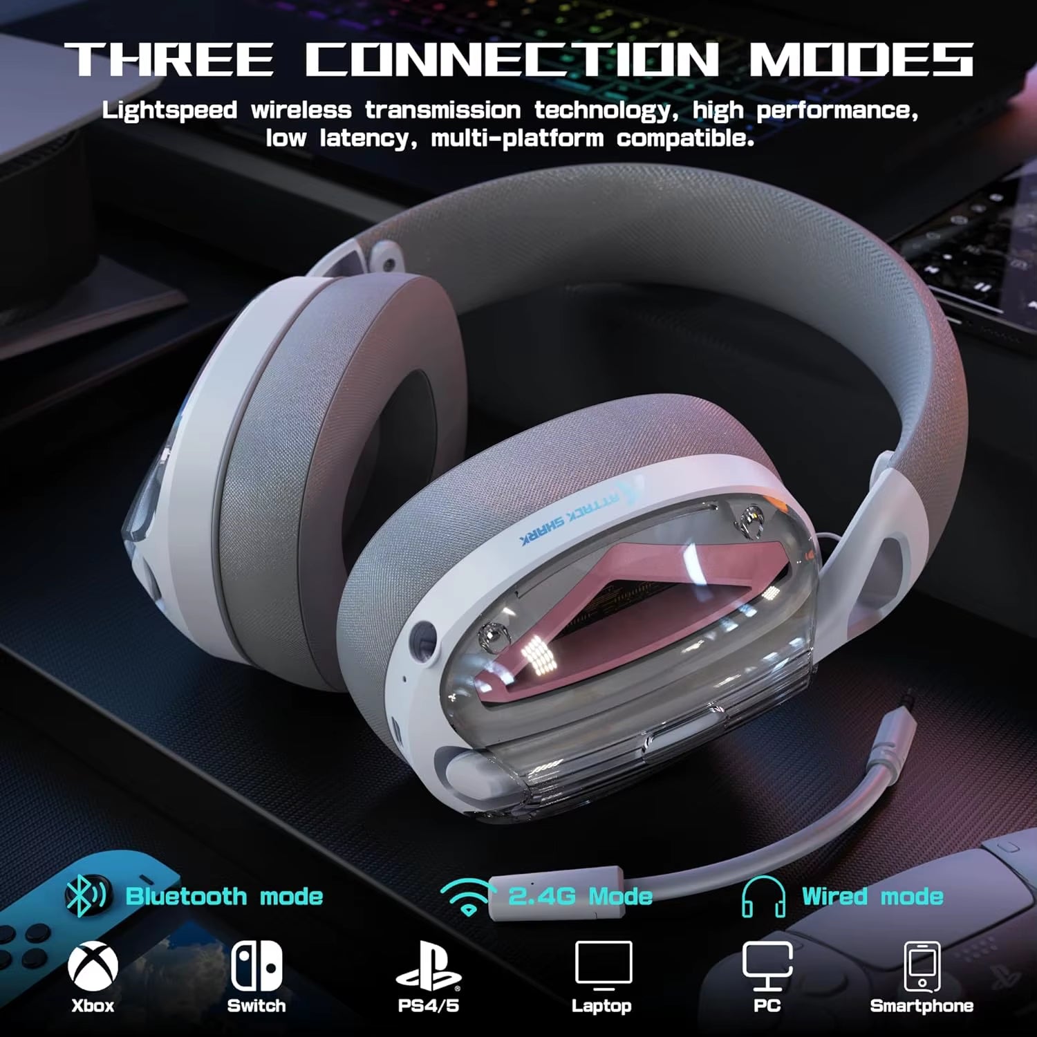 X ATTACK SHARK L60 Lightweight Wireless Gaming Headset Over-Ear,Wired/Bt/2.4Gtri-Mode,40Mm Drivers