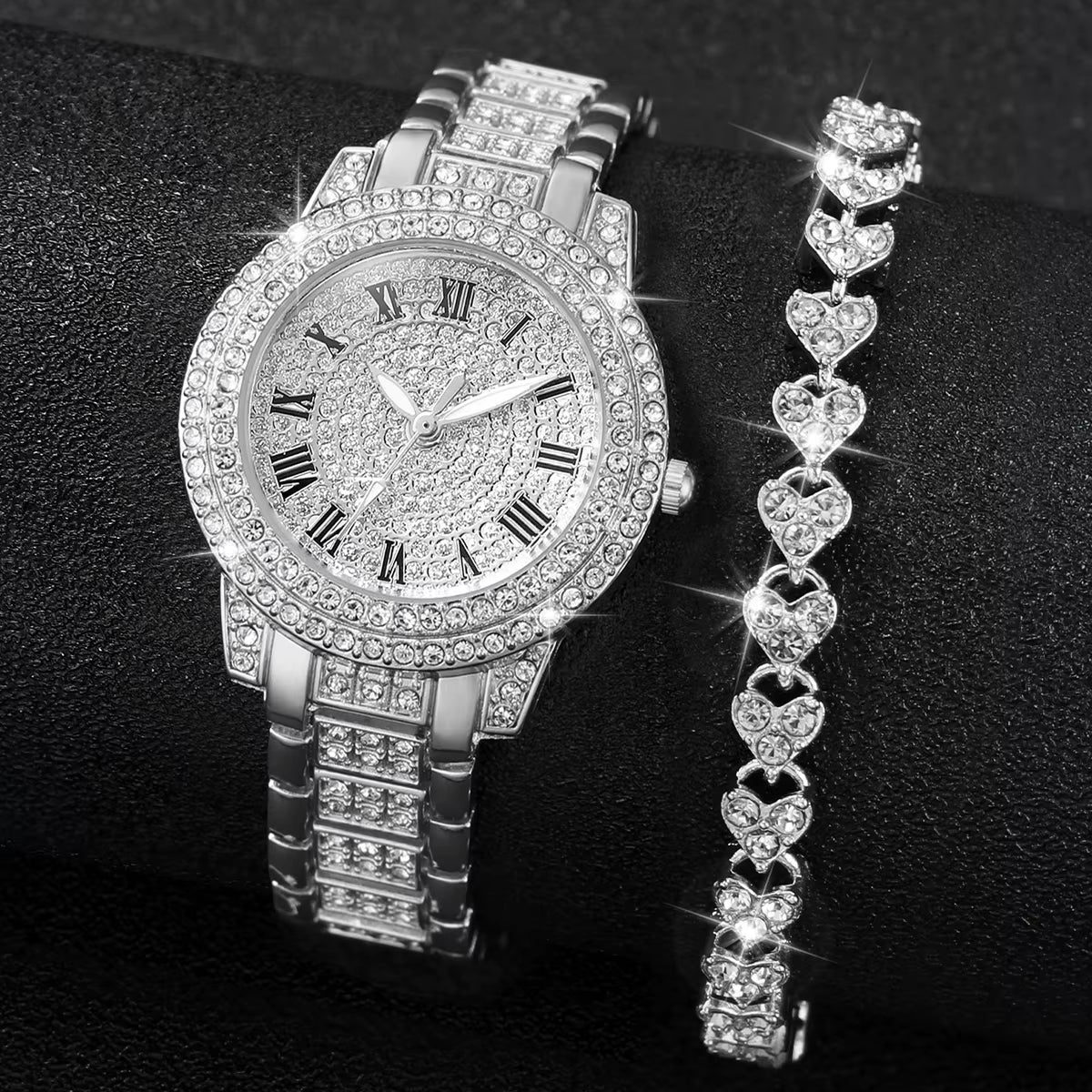 2Pcs/Set Women Stainless Steel Band Diamond Quartz Watch and Bracelet Set