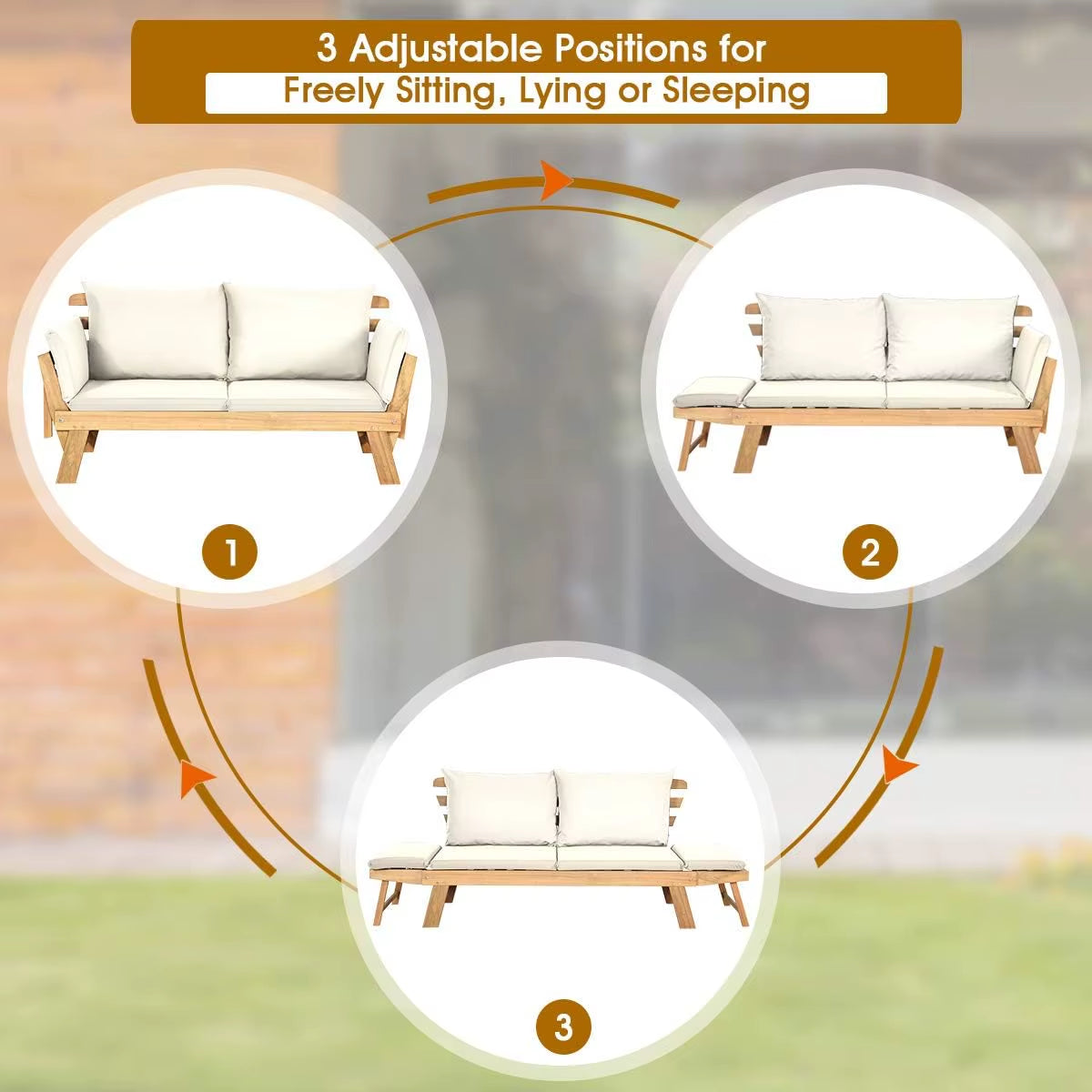 Convertible Acacia Wood Patio Couch Sofa Bed with Adjustable Armrest, Outdoor Daybed with Cushion & Pillows, outside Folding Fu