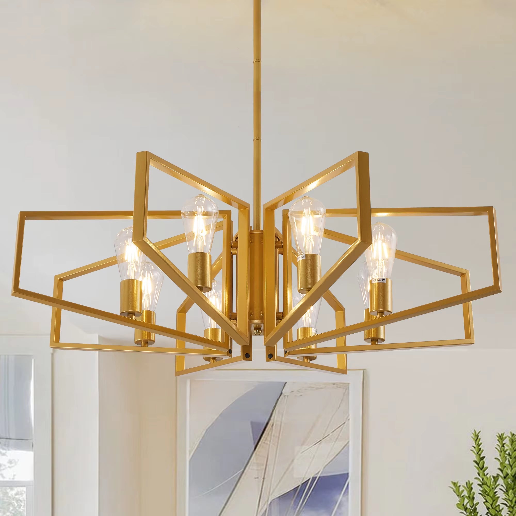 Modern 8-Light Geometric Chandelier Adjustable Height Metal Pendant Light with Black Frame & Golden Accents Ceiling Light Decor