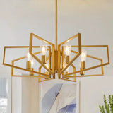 Modern 8-Light Geometric Chandelier Adjustable Height Metal Pendant Light with Black Frame & Golden Accents Ceiling Light Decor