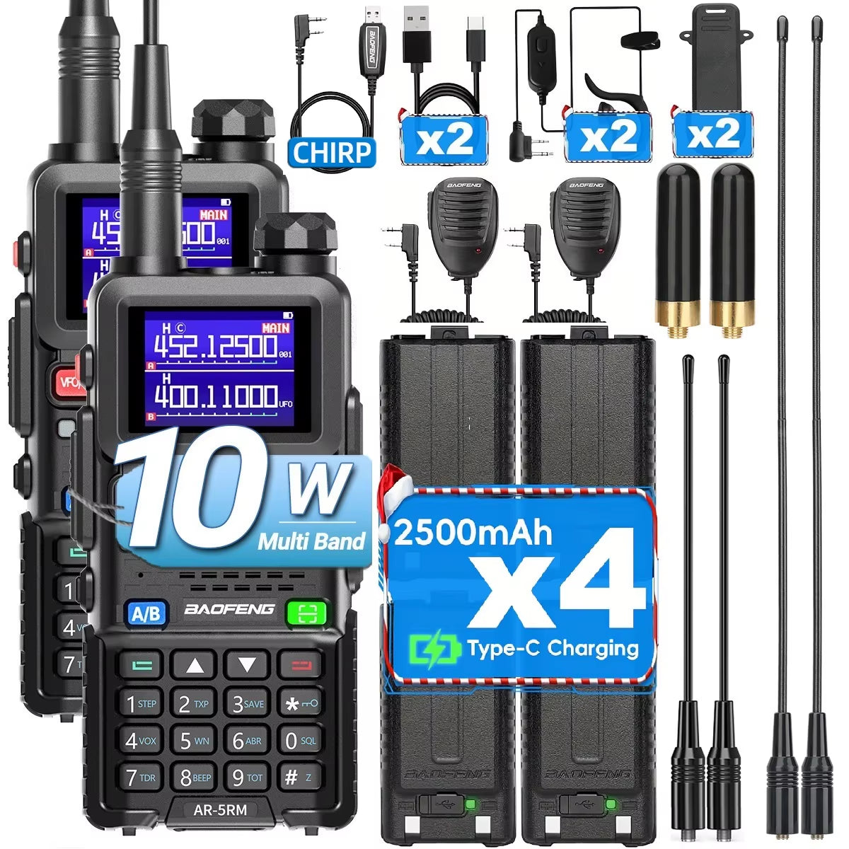 5RM Multi Band Walkie Talkie 10W Wireless Copy Frequency Type-C Charger 999CH NOAA K5 plus for UV-5R UV-5RH Ham Radio