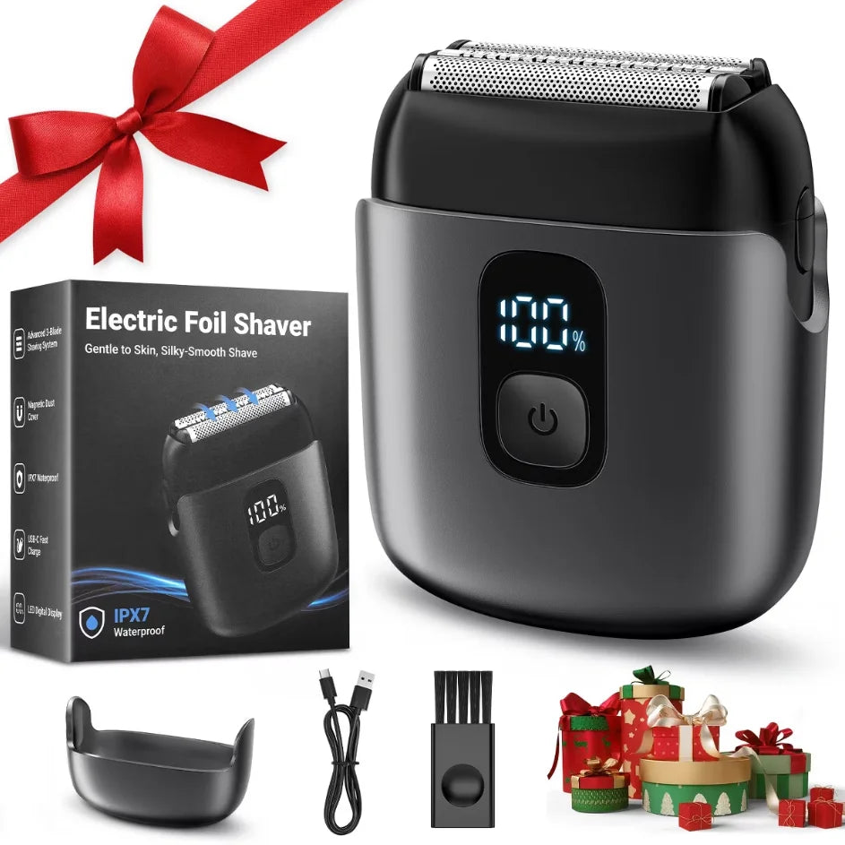 Mini Portable Men's Shaver Electric Foil Shaver IPX7 Waterproof Pocket Travel Beard Razor LED Power Display USB-C Rechargeable Wet Dry Shaving Machine For Male