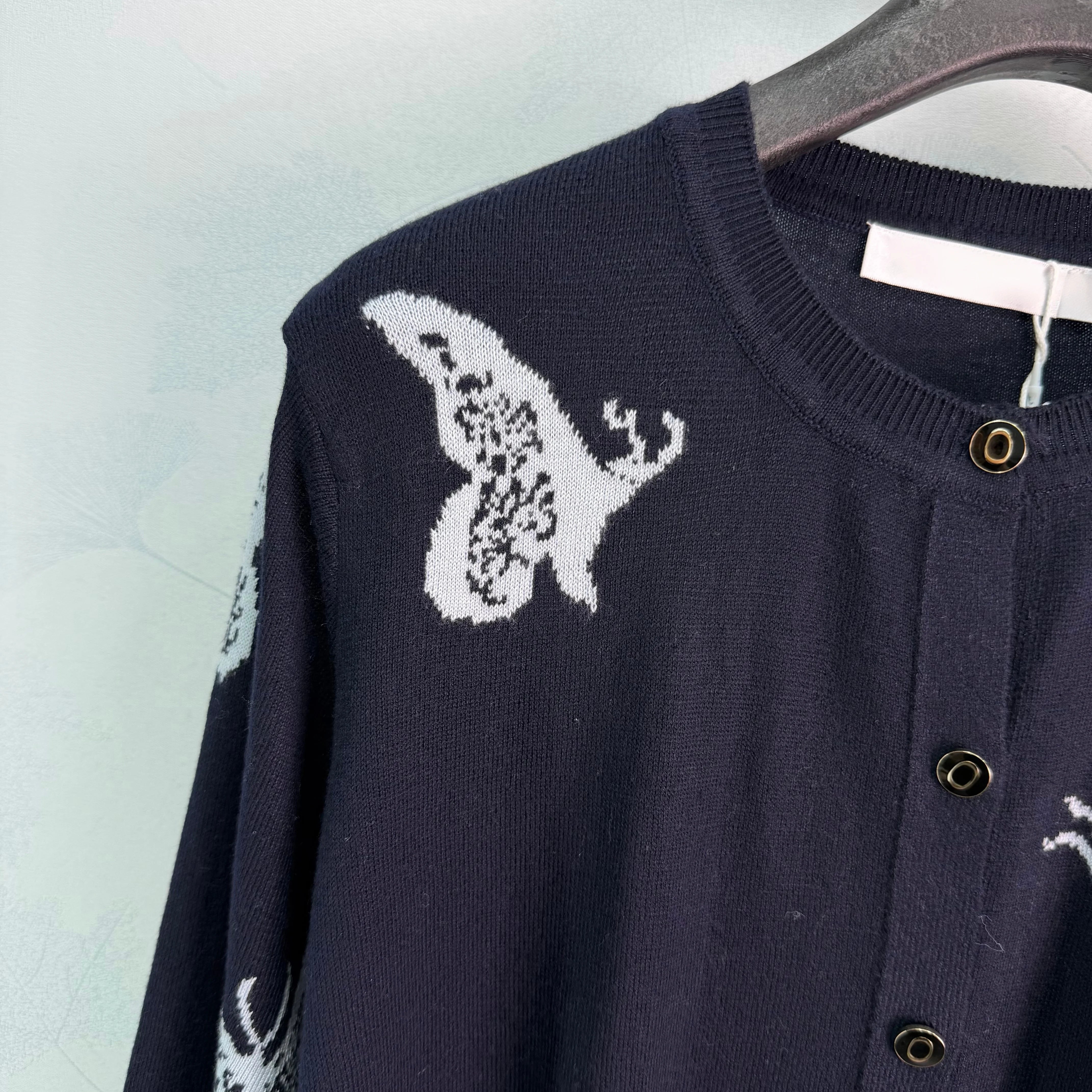 2026 Women Knitwear Crew Neck Butterfly Jacquard Cardigan Front Button Closure Ribbed Hem Cuff