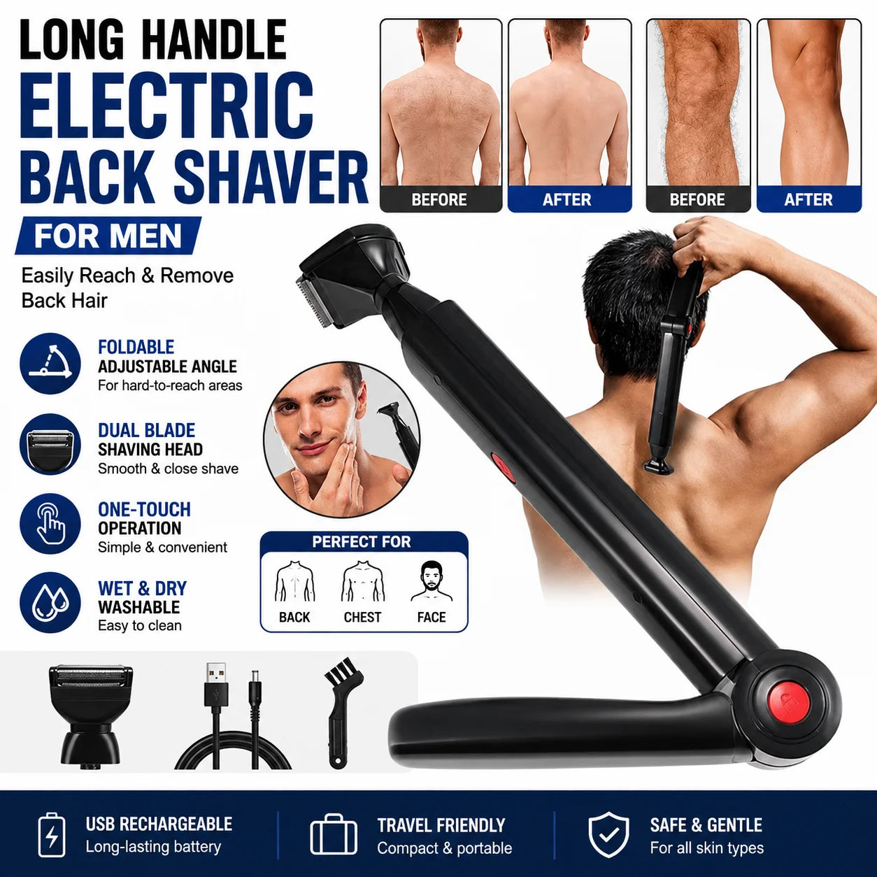 Long Handle Electric Back Shaver For Men USB Rechargeable Body Hair Removal Razor