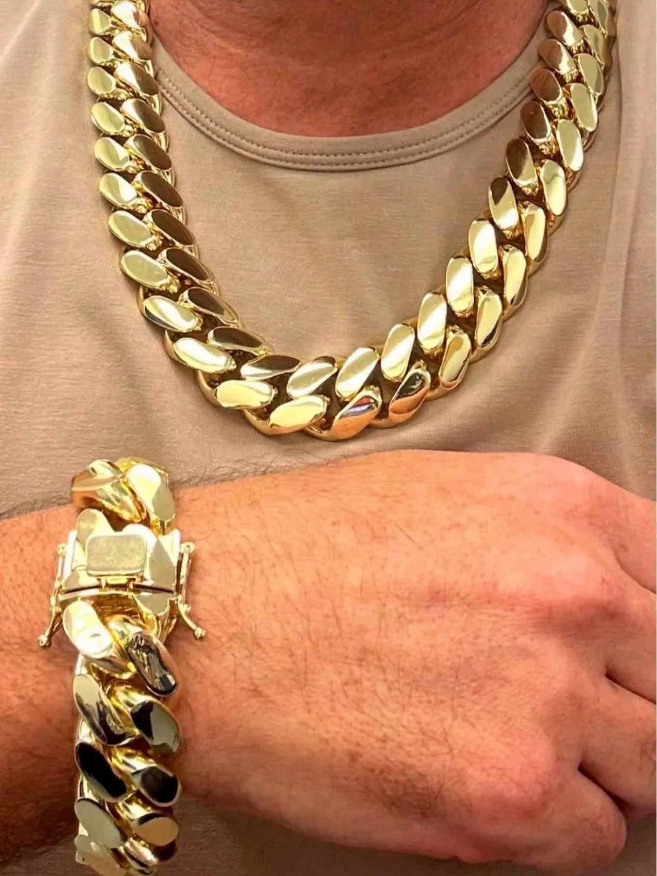 15mm Hip Hop Bling Gold Color Stainless Steel Cuban Miami Link Chain Necklaces for 18k Gold-plated Men Rapper Jewelry(1PC)