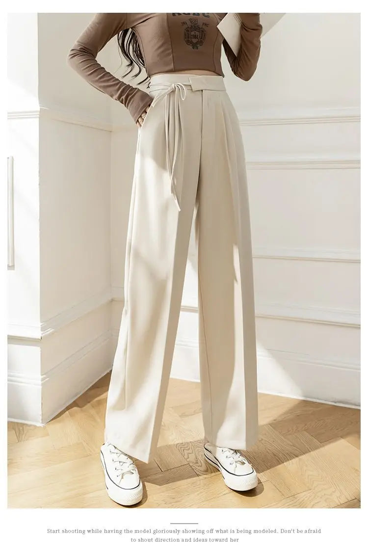 Lady Baggy Pants High Waist Lace Up Straight Leg Pants Women's Classic Designer Suit Trousers High Fashion Korean style Office