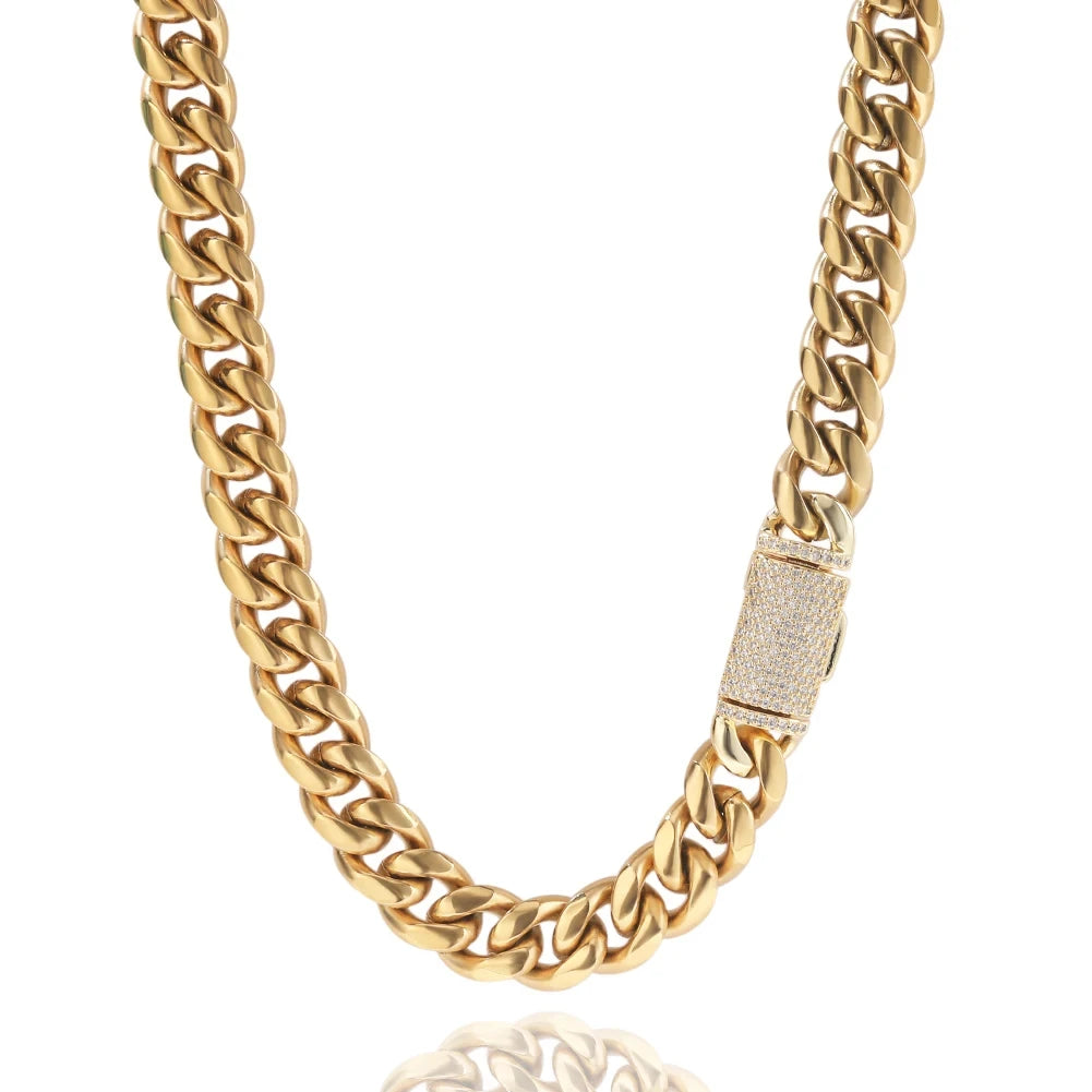 15mm Stainless Steel Miami Cuban Link Chain Iced Out CZ Box Clasp Necklace Fashion Hiphop Men Jewelry