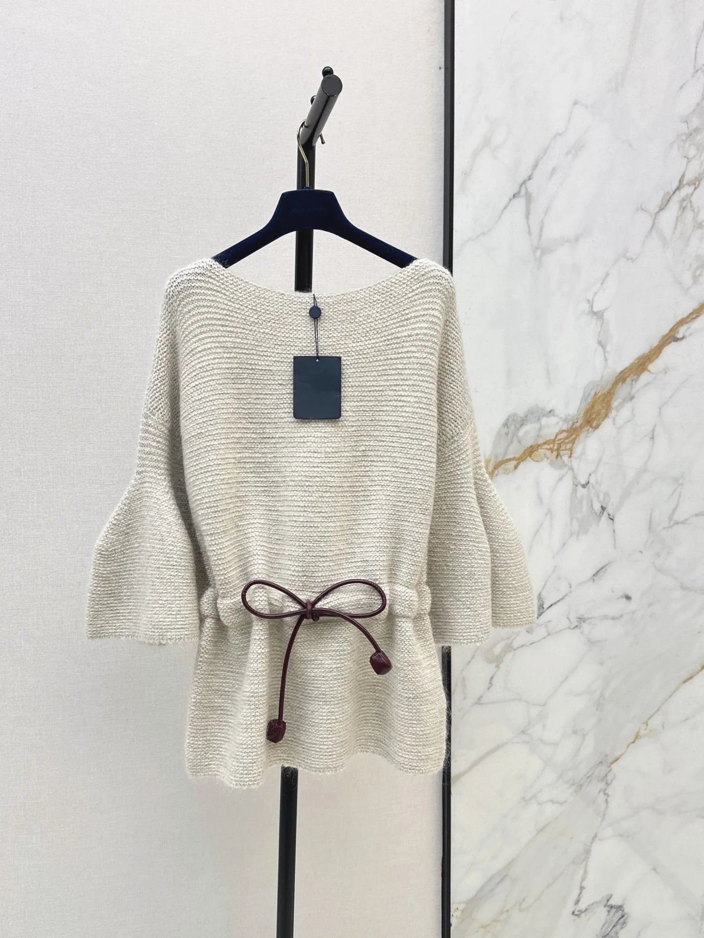 2026 Women Tunic Sweater Boat Neck Batwing Flare Sleeve Leather Drawstring Bow Waist Thick Wool Blend Loose Top