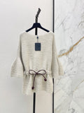 2026 Women Tunic Sweater Boat Neck Batwing Flare Sleeve Leather Drawstring Bow Waist Thick Wool Blend Loose Top
