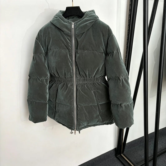 2026 Women Winter Velvet Waist‑Toggled Hooded Puffer Coat ZX5803