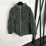 2026 Women Winter Velvet Waist‑Toggled Hooded Puffer Coat ZX5803
