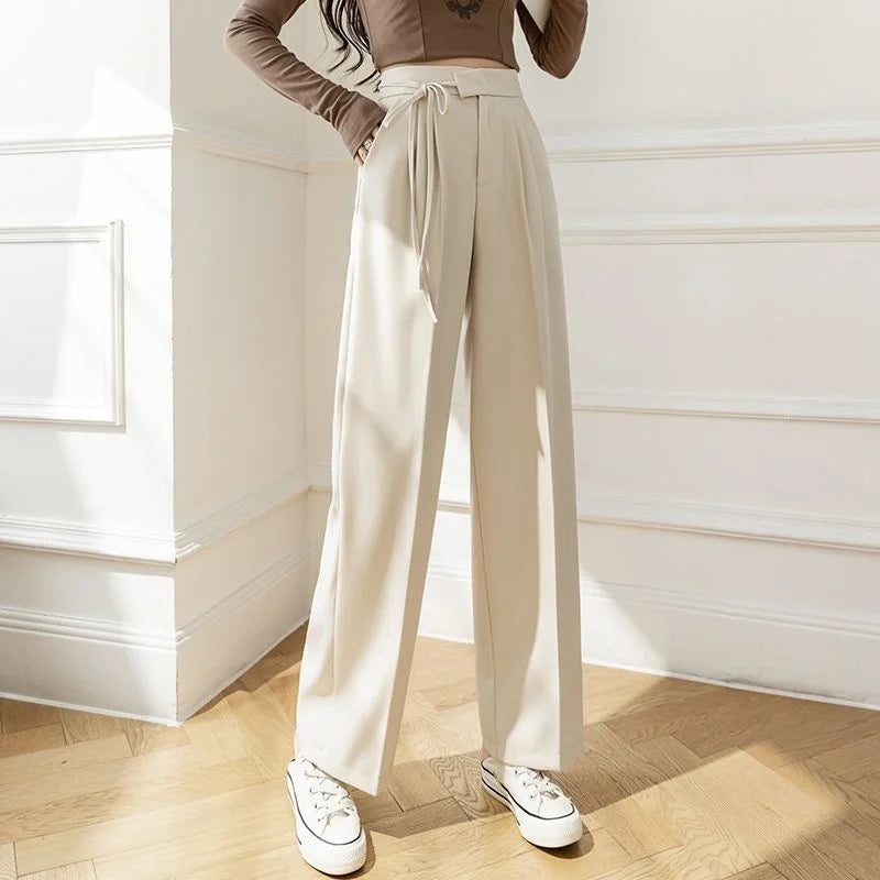 Lady Baggy Pants High Waist Lace Up Straight Leg Pants Women's Classic Designer Suit Trousers High Fashion Korean style Office