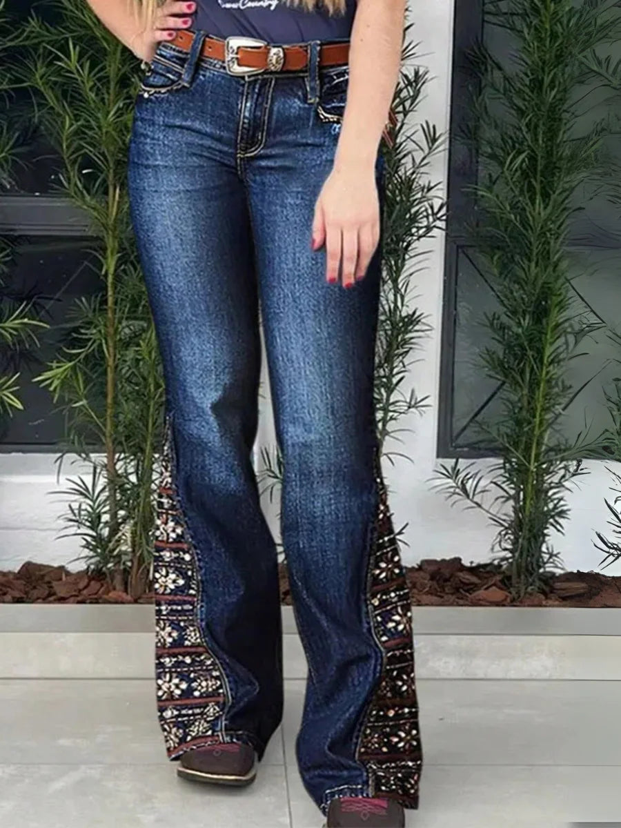 【HME】Jeans | Retro Floral Embroidered Denim Pants, Western Flare Design With Ornate Side Patchwork, Classic Dark Wash Denim Fabric, Stylish Boot‑Cut Pants For Cowgirl Daily & Party Occasions