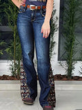 【HME】Jeans | Retro Floral Embroidered Denim Pants, Western Flare Design With Ornate Side Patchwork, Classic Dark Wash Denim Fabric, Stylish Boot‑Cut Pants For Cowgirl Daily & Party Occasions