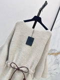 2026 Women Tunic Sweater Boat Neck Batwing Flare Sleeve Leather Drawstring Bow Waist Thick Wool Blend Loose Top