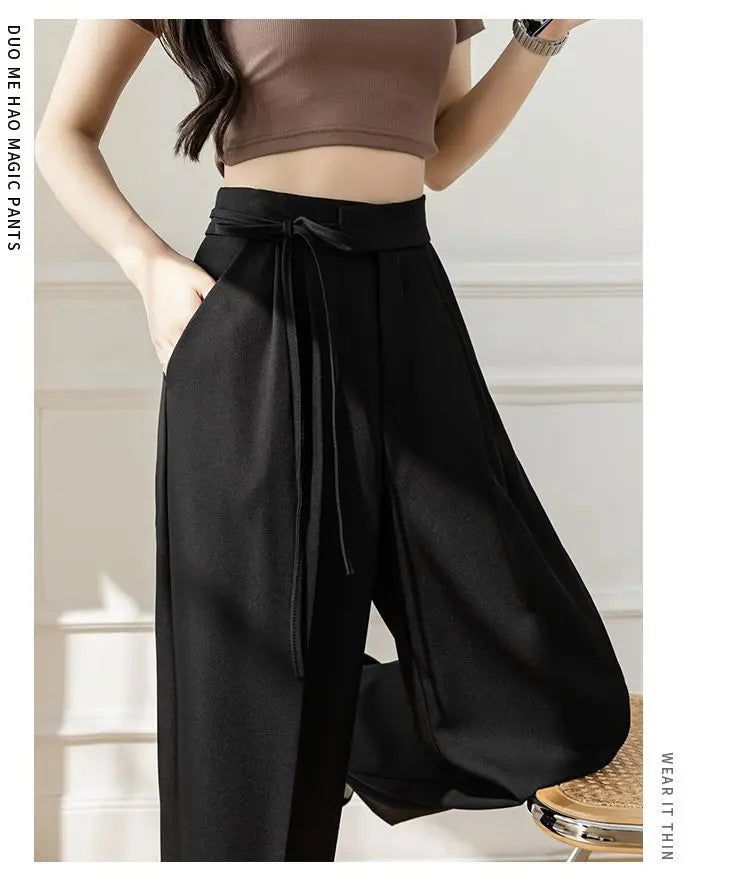 Lady Baggy Pants High Waist Lace Up Straight Leg Pants Women's Classic Designer Suit Trousers High Fashion Korean style Office