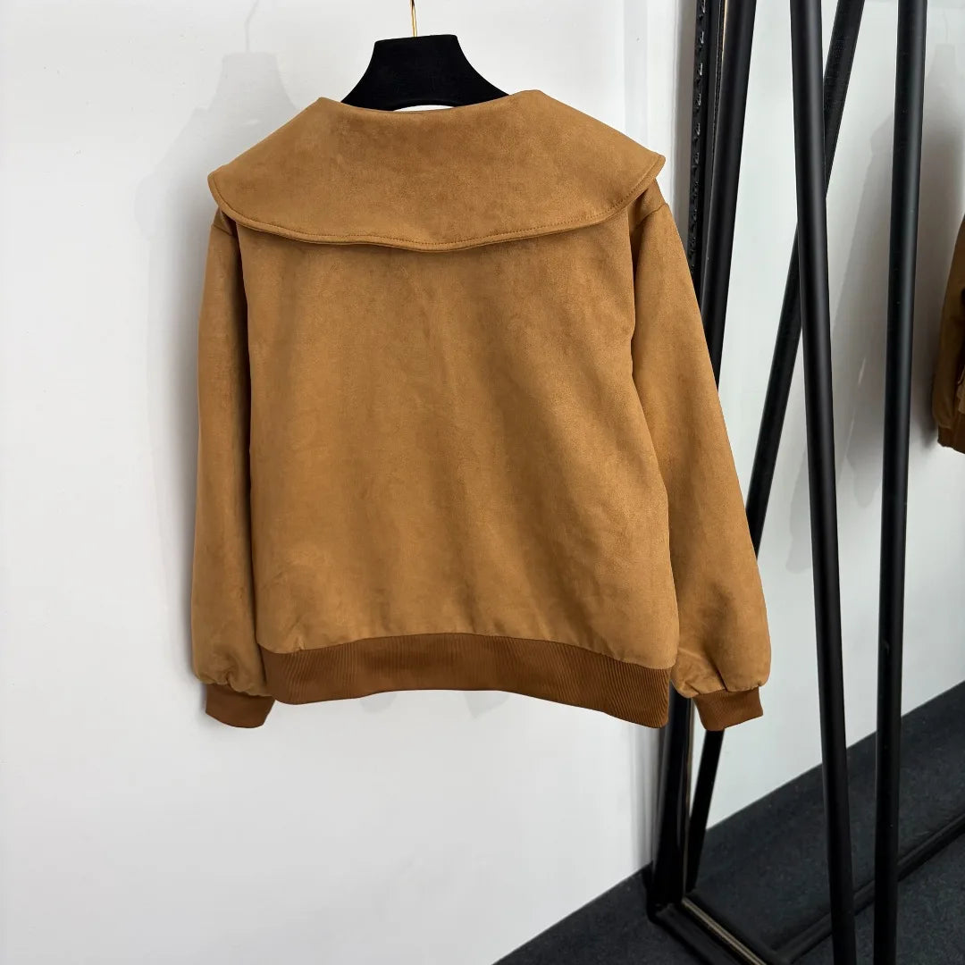 C90-2026 New Ladies Classic Luxury Single Breasted Large Lapel Long Sleeve Deerskin Velvet Jacket, Camel, SML