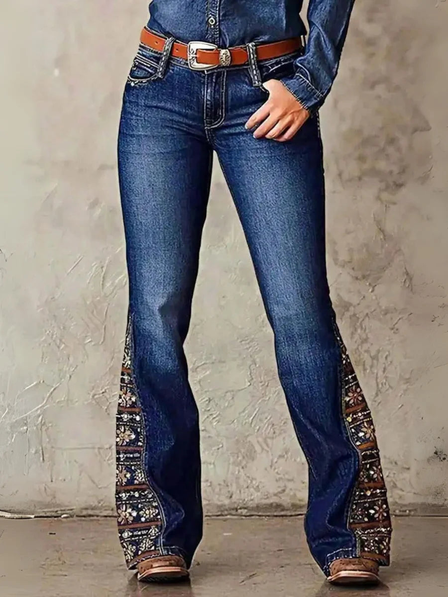 【HME】Jeans | Retro Floral Embroidered Denim Pants, Western Flare Design With Ornate Side Patchwork, Classic Dark Wash Denim Fabric, Stylish Boot‑Cut Pants For Cowgirl Daily & Party Occasions