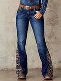 【HME】Jeans | Retro Floral Embroidered Denim Pants, Western Flare Design With Ornate Side Patchwork, Classic Dark Wash Denim Fabric, Stylish Boot‑Cut Pants For Cowgirl Daily & Party Occasions