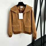 C90-2026 New Ladies Classic Luxury Single Breasted Large Lapel Long Sleeve Deerskin Velvet Jacket, Camel, SML