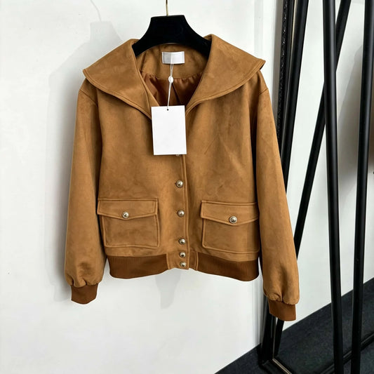 C90-2026 New Ladies Classic Luxury Single Breasted Large Lapel Long Sleeve Deerskin Velvet Jacket, Camel, SML