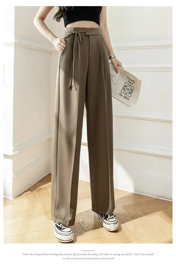 Lady Baggy Pants High Waist Lace Up Straight Leg Pants Women's Classic Designer Suit Trousers High Fashion Korean style Office