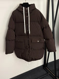 2026 autumn and winter large pocket waist cinched long sleeved hooded mid length cotton jacket for girls
