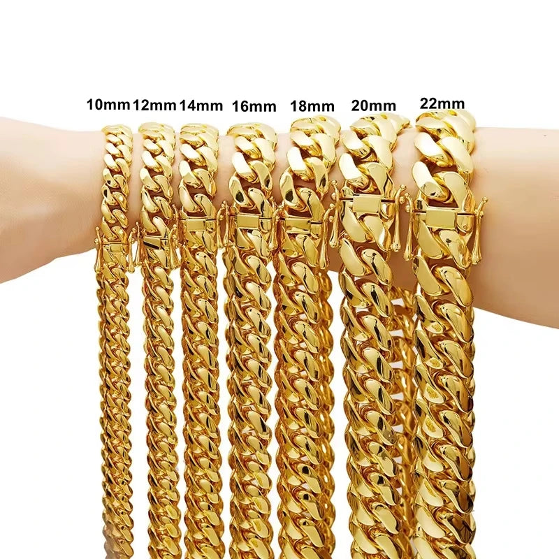 15mm Hip Hop Bling Gold Color Stainless Steel Cuban Miami Link Chain Necklaces for 18k Gold-plated Men Rapper Jewelry(1PC)
