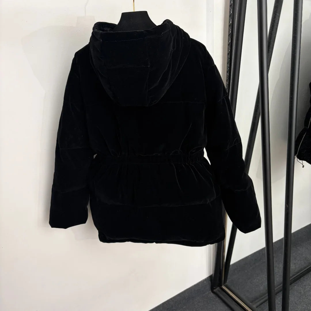 2026 Women Winter Velvet Waist‑Toggled Hooded Puffer Coat ZX5803
