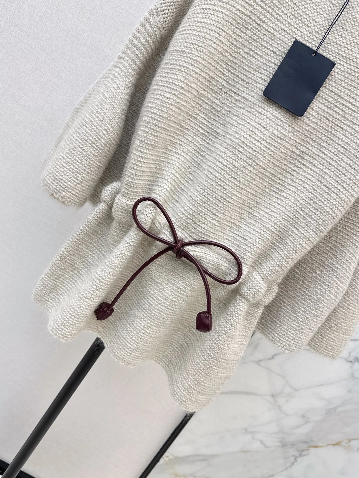 2026 Women Tunic Sweater Boat Neck Batwing Flare Sleeve Leather Drawstring Bow Waist Thick Wool Blend Loose Top