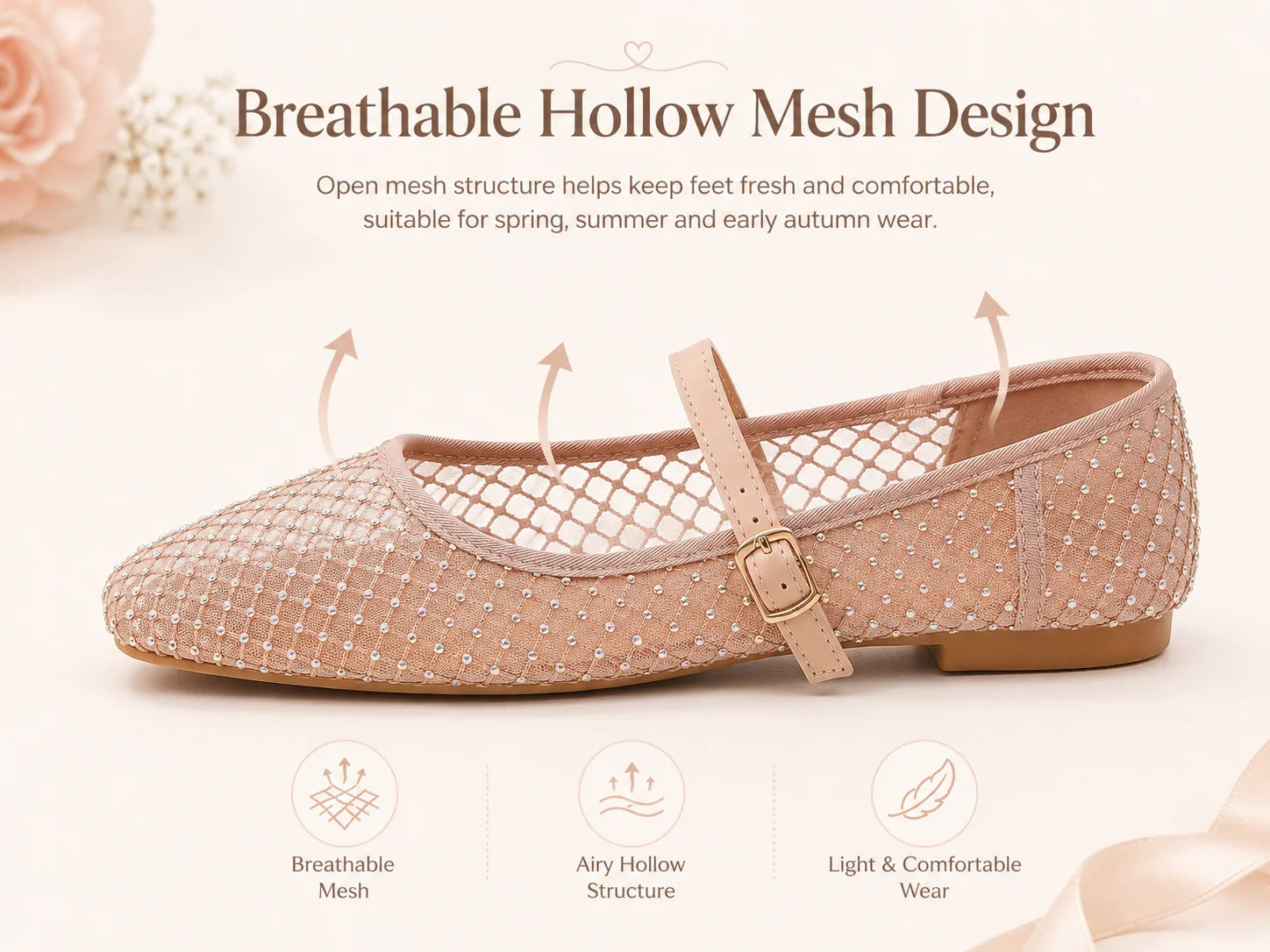 2026 Women's Mesh Ballet Flats Pointed Toe Breathable Flat Shoes Elegant Casual Slip On Shoes For Office Travel