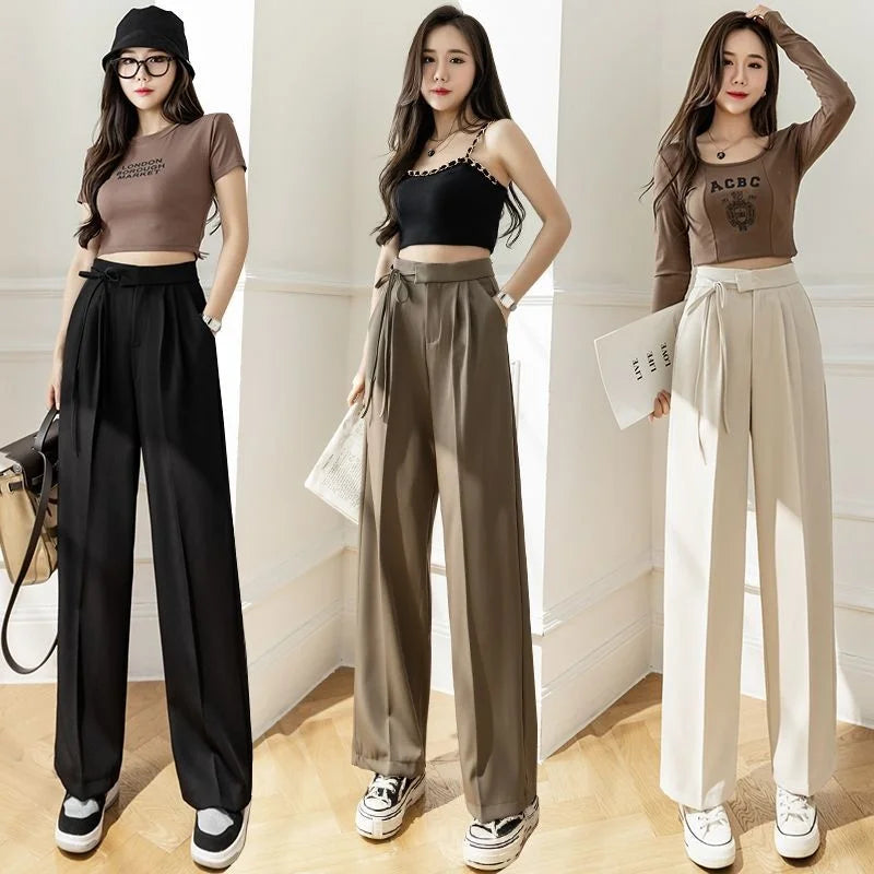 Lady Baggy Pants High Waist Lace Up Straight Leg Pants Women's Classic Designer Suit Trousers High Fashion Korean style Office