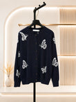 2026 Women Knitwear Crew Neck Butterfly Jacquard Cardigan Front Button Closure Ribbed Hem Cuff