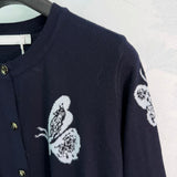 2026 Women Knitwear Crew Neck Butterfly Jacquard Cardigan Front Button Closure Ribbed Hem Cuff