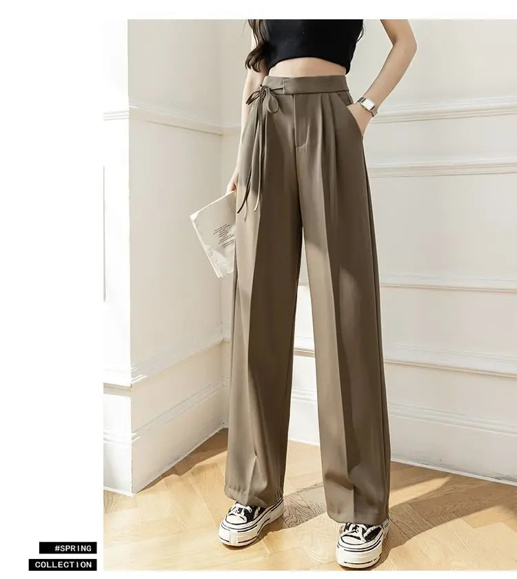 Lady Baggy Pants High Waist Lace Up Straight Leg Pants Women's Classic Designer Suit Trousers High Fashion Korean style Office