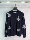2026 Women Knitwear Crew Neck Butterfly Jacquard Cardigan Front Button Closure Ribbed Hem Cuff