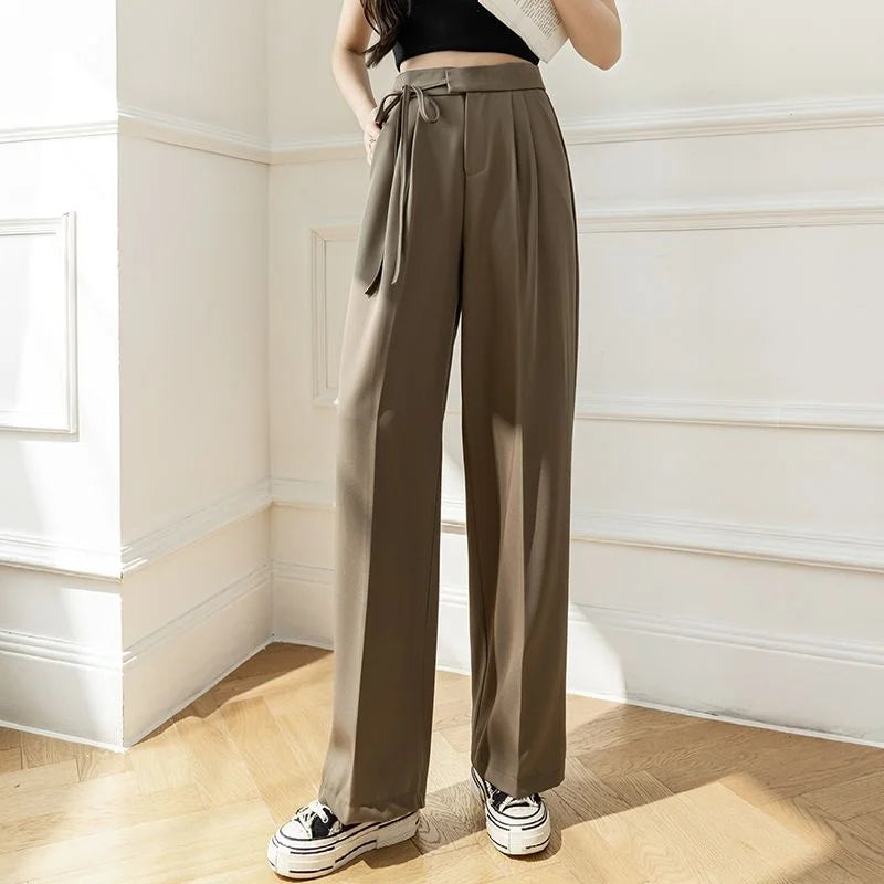 Lady Baggy Pants High Waist Lace Up Straight Leg Pants Women's Classic Designer Suit Trousers High Fashion Korean style Office