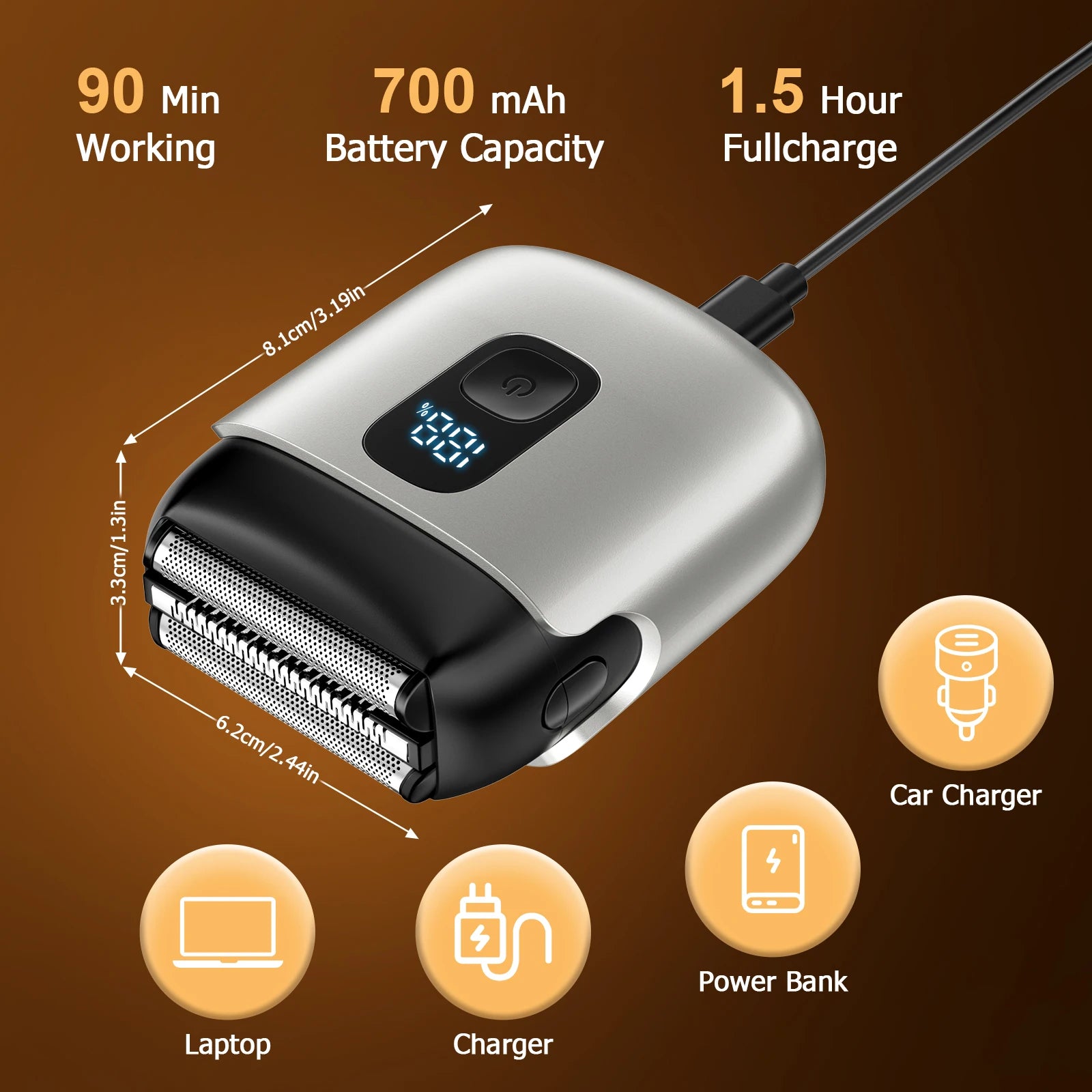 Mini Portable Men's Shaver Electric Foil Shaver IPX7 Waterproof Pocket Travel Beard Razor LED Power Display USB-C Rechargeable Wet Dry Shaving Machine For Male