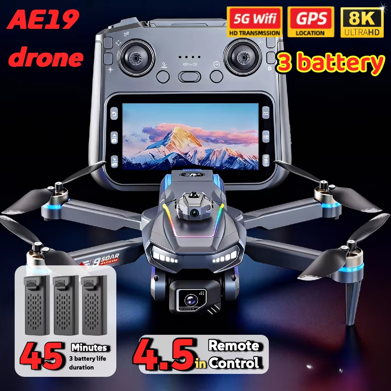 AE19 GPS Drone 4.3" LCD 8K/4K Dual Camera 360° Obstacle Avoidance 3 Battery Options Professional RC Quadcopter for Gifts Travel